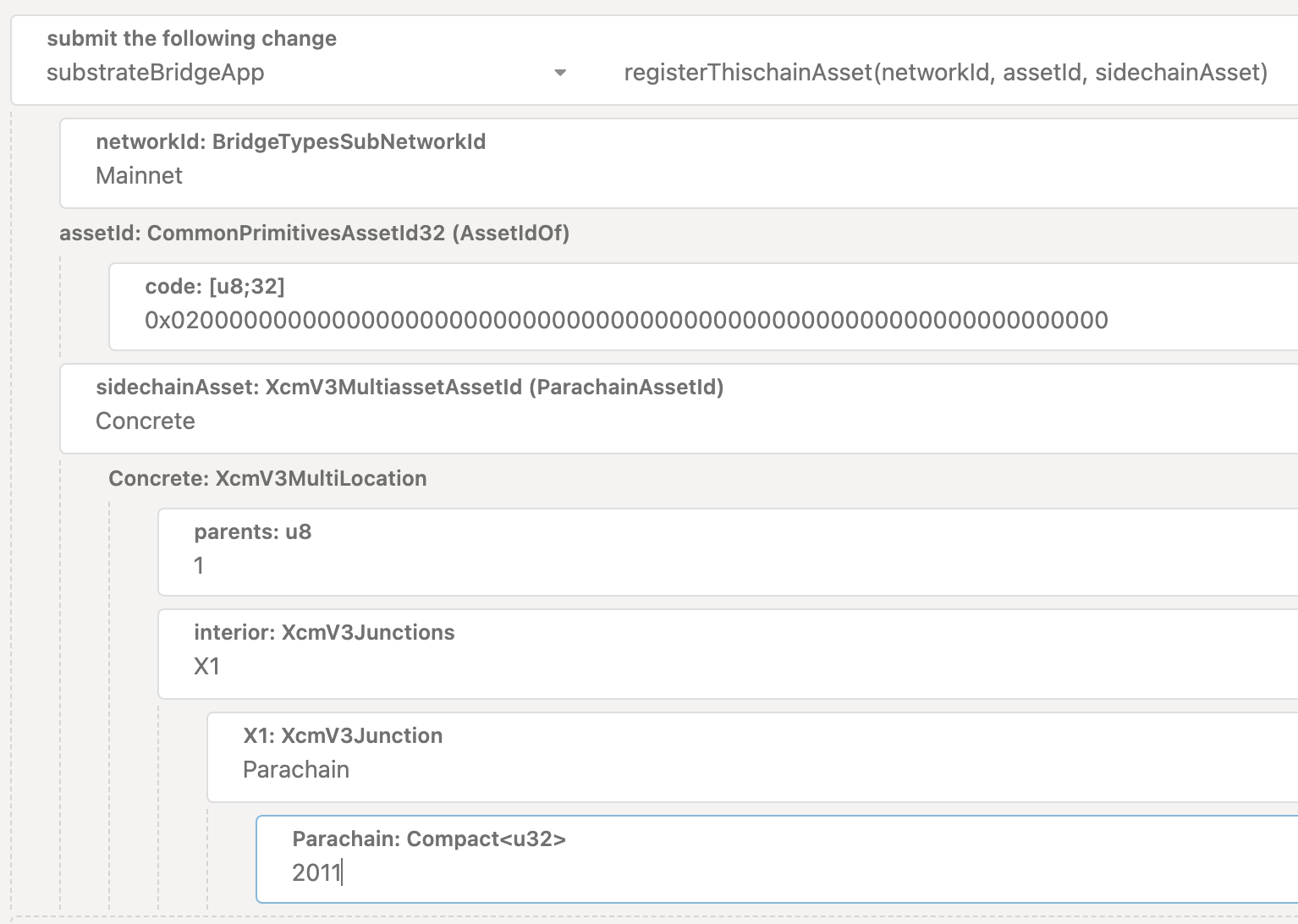 Imagen: Ejemplo de registrar una blockchain nativa para transferencia vía parachain